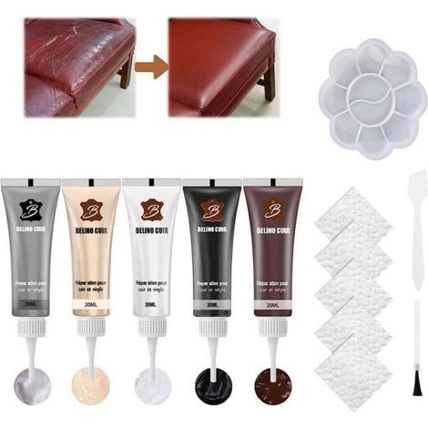Kit de Réparation pour Cuir, 5 Couleurs Réparation pour Cuir Liquide, Pâte Réparatrice Cuir, Kit Rénovation Cuir, Creme Reparatrice