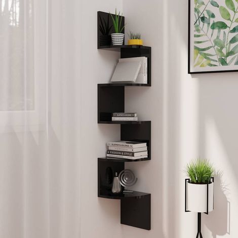 Étagère d'angle murale Étagère de Rangement - Meuble de rangement Noir brillant 19x19x123 cm Aggloméré BV583164 - BonneVie (1/5)