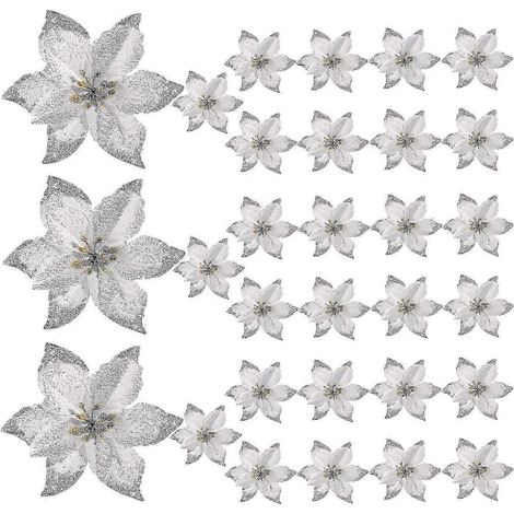Lot de 50 poinsettias pailletés pour sapin de Noël, fleurs artificielles en soie, décorations pour couronnes, GarlSilver SZRH A-GB (1/5)