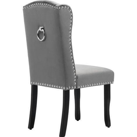 Lot de 6 chaises de salle à manger en velours gris avec pieds en chêne et détails cloutés (1/5)