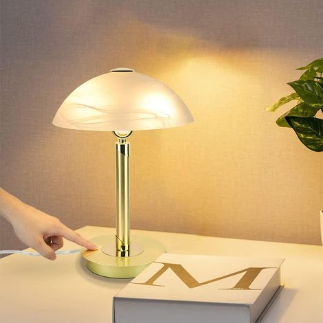 ZOLGINAH Lámpara de mesa táctil en níquel-cromo, lámpara de noche con función táctil y pantallas de vidrio, máx. 2x4W, 3000K (Bombillas no incluidas), Para Salón, Dormitorio, Dorado (1/5)