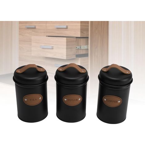 Luftdichte Aufbewahrungsbehälter – 3er-Set Eisendosen mit Deckeln aus PU-Ledergriff für Küche, Kaffee und Tee – Schwarz – 15,5 x 10,4 cm (1/5)