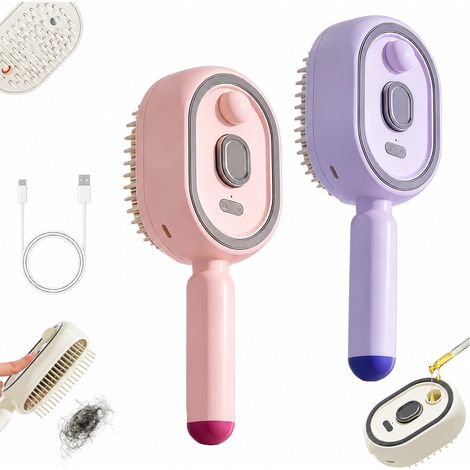 Cepillo de masaje eléctrico con terapia de luz roja - Cepillo de vapor para el cabello con nano niebla - 2 piezas - Rosa/Morado - Antiencrespamiento y autolimpiante - Regalo de lujo (1/5)