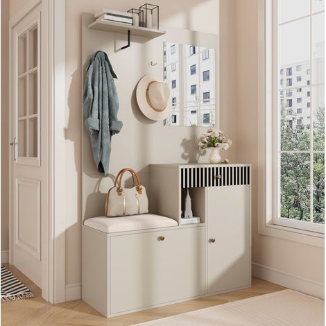 Mobile portascarpe con specchio e panca imbottita, MDF, beige, 110 x 37 x 185,5 cm DESVIAE (1/5)