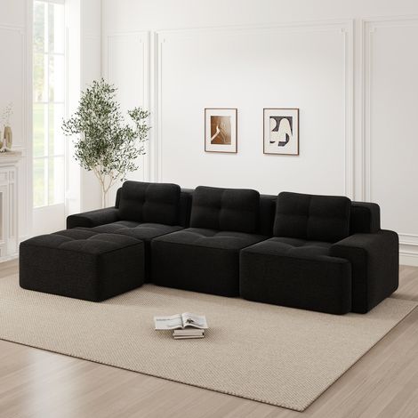 Cloud Modulsofa Boneless L-förmiges Sofa, Modulares Sofa mit Ottoman, Modulares Cloud-Sofa, 3-Sitzer Corduroy-Cloud-Sofa für Wohnzimmer, Montagefreies Sofa, Schwarz