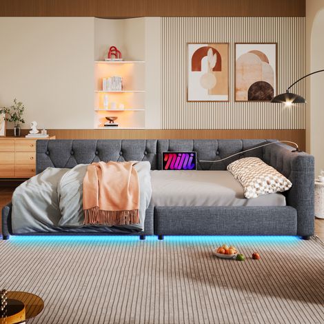 sofá cama 90x200 sin colchón con USB y LED lino gris DESVIAE (1/5)