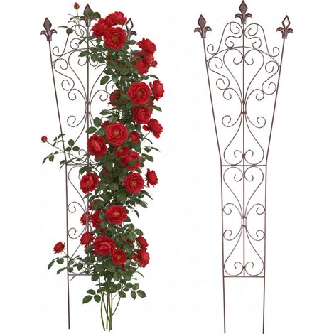 Relaxdays griglia per rampicanti, set 2, 115x32 cm, vintage, metallo, supporto per piante in vaso, giardino, marrone