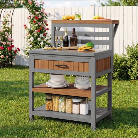 Gartenschrank mit Edelstahl-Arbeitsplatte, Großer Schublade und Doppelablage, Massivholz Natur 80 x 72,5 x 123 cm