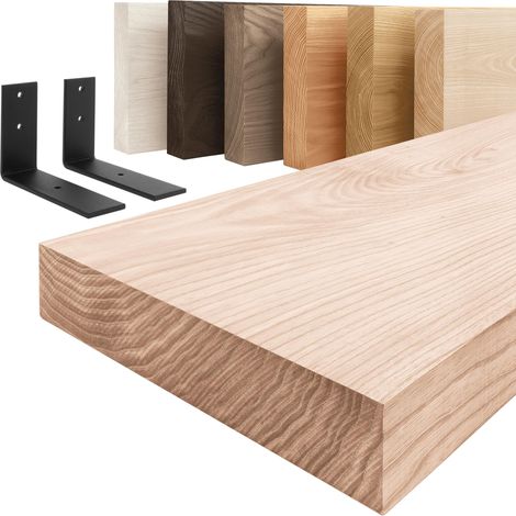 LAMO Manufaktur étagère murale en bois massif, bord régulier, étagère de rangement Basic, bois brut / équerre noire 40cm, LWG-01-A-001-40LS