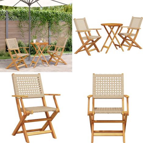 Ensemble de bistro 3 pcs beige résine tressée et bois massif - Ensemble De Bistro - Salon De Jardin - Mobilier De Jardin - Table Pliante - Chaise Pliante - Home & Living (1/5)