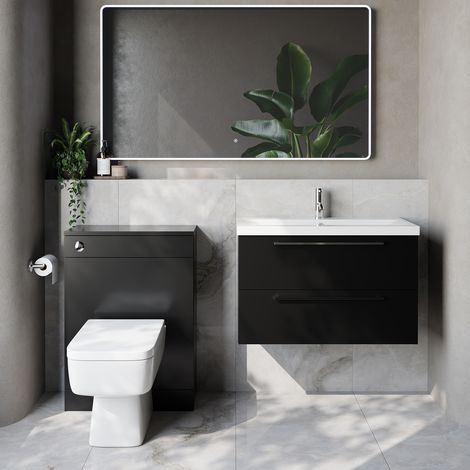 Napoli 390 Cento Matt Black 1400mm Wall Mounted 2 Drawer Vanity Unit and Toilet Suite with Glide Basin - 1400mm - Chrome 480mm HandleWith Kingston Toilet Pan and Seat