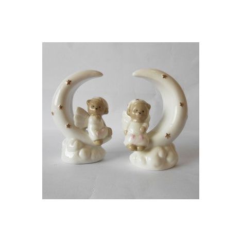 Etm Orsetto Angelo Luna Rosa Ceramica Bomboniera Battesimo Nascita 11 cm