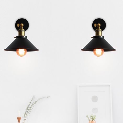 Apliques de Pared 2 Piezas, Vintage Industrial Lámpara con Ø26cm Pantalla de Metal, Rotación de 240° Iluminación Art Decor Luz E27 Base para Dormitorio Pasillo Cafe Loft Bar (Negro)