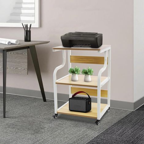 Druckerständer mit Rädern & 3 Ebenen - Rollender Druckertisch aus Stahl & Holz, Höhenverstellbar & 80kg Tragkraft, Ideal mit Bremsen für Homeoffice und Büro (Licht Walnussfarbe) (1/5)