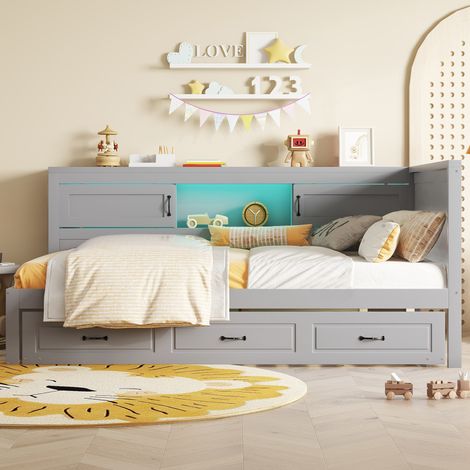 Tagesbett Spanplatte/MDF Grau 90x200 cm mit Ausziehbett, LED-Beleuchtung, Stauraum und Steckdose+USB