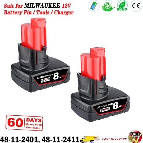 2 Stück M12 8,0 Ah Ersatz für Milwaukee 12 V Akku-Stift, kompatibel mit Akku-Elektrowerkzeug 48-11-2440 48-11-2412 48-11-2450 (1/5)