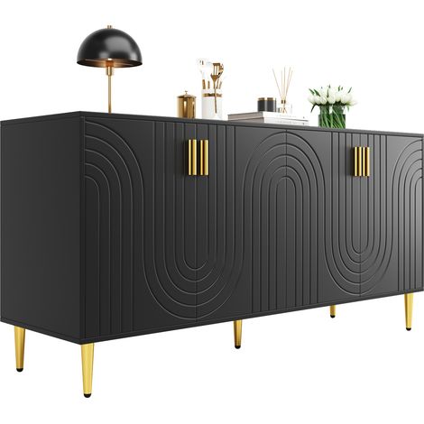 Aparador negro de MDF 152 x 40 x 75 cm con 4 puertas onduladas y detalles dorados HOMVRA (1/5)