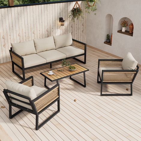 REDOM Salotto da giardino 4 pezzi, divano 3 posti, 2 poltrone e tavolo da pranzo, braccioli in corda intrecciata, beige