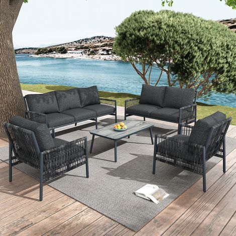 Salon de jardin 7 places 7 sièges table basse tressé PE acier galvanisé plateau verre trempé effet bois coussins housses amovibles lavables gris
