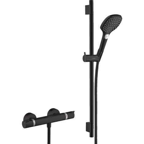 Hansgrohe Brauseset Ecostat Comfort Mischbatterie + Unica Stange 65 cm + Raindance 120 Select E 3-strahlige Handbrause, Mattschwarz
