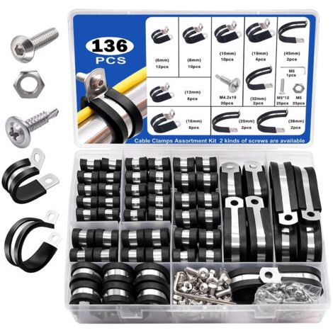 Kit de 136 colliers de serrage Taiss en caoutchouc, 10 tailles, colliers de serrage en acier inoxydable 304 avec insert en caoutchouc 6 mm/8 mm/10 mm/13 mm/16 mm/19 mm/25 mm/32 mm/38 mm/45 mm (1/5)