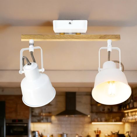 Plafonnier Industriel Spots et Rails de Spots, 2 Spots LED Orientable avec Douille E14, Luminaires Intérieur avec Base Rectangulaire en Bois, pour Cuisine Chambre Salon, Blanc (sans Ampoule) (1/5)