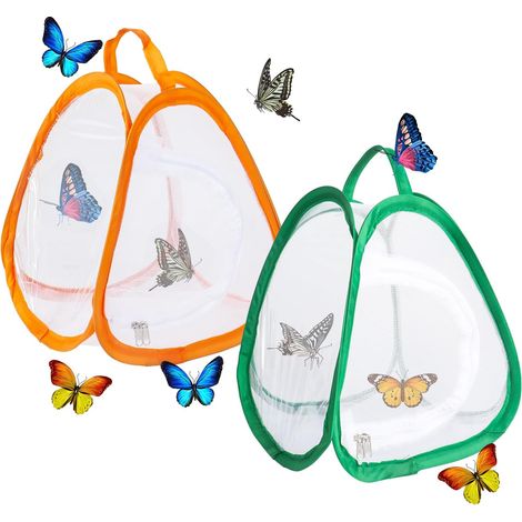 Lot de 2 cages à papillons - Maille nylon respirante - Habitat pop-up avec zip - Observation insectes enfants - Vert et Orange - 20,3x22,6x25,4 cm (1/5)
