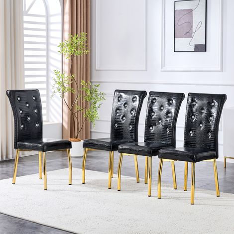Juego de 4 sillas de comedor, efecto piel de cocodrilo, detalles de cristal, metal y PVC, negro y dorado (1/5)
