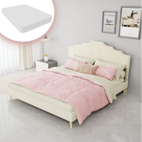Lit adulte 160x200 cm en tissu beige, facile à monter pour chambre, avec matelas FloraGrace (1/5)