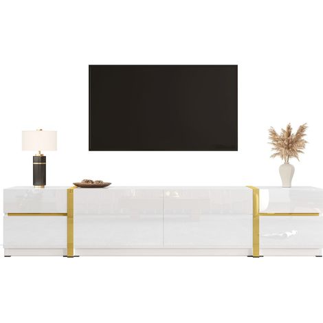 Meuble TV, finition haut brillant avec rangement, bords dorés, style moderne, grandes capacités de rangement (1/5)