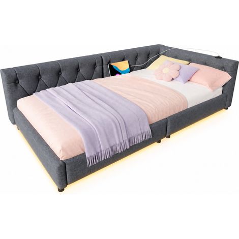 Canapé-lit 90x200 cm avec LED 7 couleurs, ports USB et USB-C, tête capitonnée, sommier à lattes, gris, sans matelas  CHICFURN (1/5)