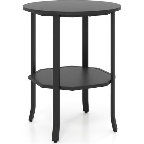 Mesa auxiliar redonda de dos niveles con estante, metal negro