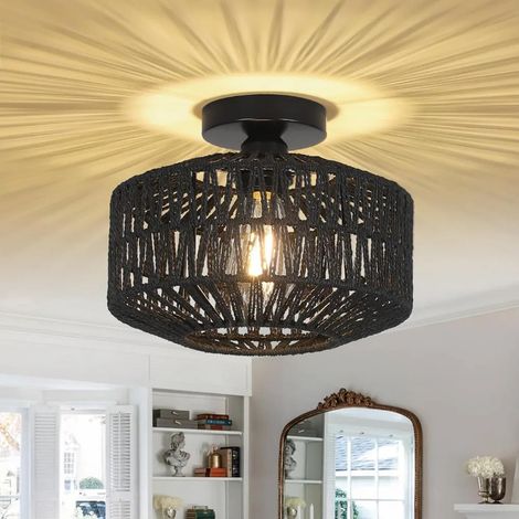 Moderne Deckenleuchte aus geflochtenem Rattan im Bohème-Stil, 30 cm, schwarz, ideal für Schlafzimmer, Wohnzimmer oder Esszimmer. (1/5)