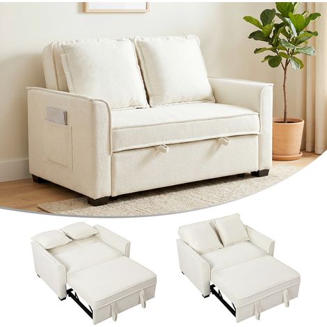 HOMCOM sofá cama 2 plazas 3 en 1, de tejido rizo con respaldo ajustable, bolsillos laterales, 2 almohadas para sala de estar, espacios pequeños, crema (1/5)