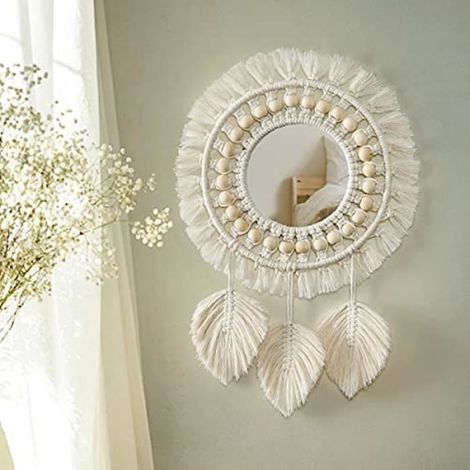 1 Miroir mural, Rond 30 cm, Franges Macramé, Pendentif Plumes, Bois Coton Verre, Décoration Salon (1/4)