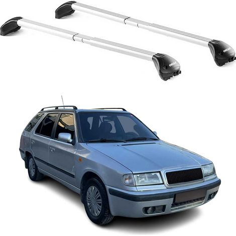 OMAC Barres de toit transversales certifiées TÜV pour Skoda Felicia Break 1994-2001 – Verrouillables (4 antivols) – Charge max 100 kg – Sangle inox + protection caoutchouc Argent (1/4)