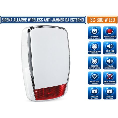 SIRENA DI ALLARME WIRELESS SC-600 W 120DB CON STATO IMPIANTO ANTI-JAMMER TAMPER DOPPIO ALTOPARLANTE LED E BATTERIA TAMPONE (1/5)