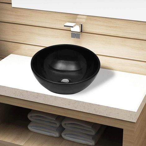 vidaXL Bassin d'évier rond céramique Noir pour salle de bain (1/5)