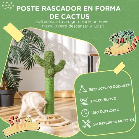 Arbre à chat en forme de cactus. petit modèle avec poteau en sisal. balle suspendue en peluche et base en bois. 32 x 32 x 60 cm. vert (1/5)