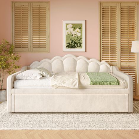 Lit de jour avec lit gigogne, canapé-lit, lit simple, velours, bande LED aux couleurs changeantes, 90x200 cm (180x200 cm),Beige (1/5)