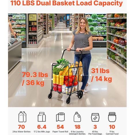 Chariot de Courses Pliable Charge 50 kg 4 Roulettes Chariot de Supermarché Plus de 85 L avec 2 Paniers Charrette de Courses en Fer… (1/5)