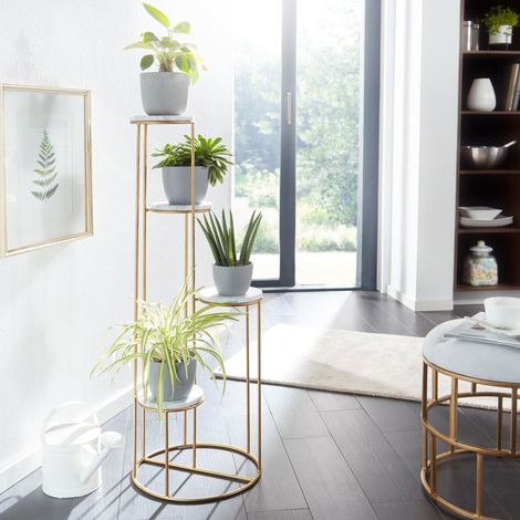 Sellette 4 plateaux 36,5x36,5x107,6 cm en marbre blanc et fer doré (1/5)