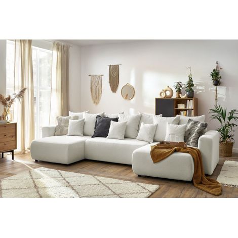 Bobochic – Canapé panoramique convertible 6 places – Tissu bouclette recyclé – Coffre de rangement – Longueur 386 cm – Style classique chic (1/5)