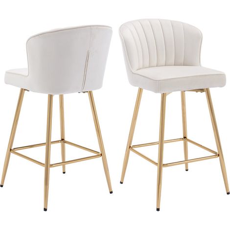 Wahson Taburetes altos Juego de 2, Moderna Taburetes de Bar de Terciopelo, Altas de Bar con Respaldo para Desayuno Retaurante, Blanco (1/5)