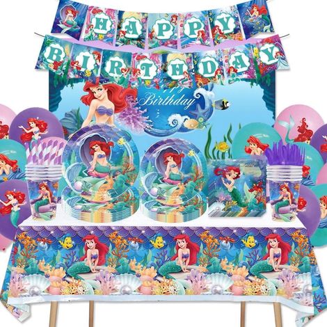 Kit Decoration Fete Theme Sirène - Assiettes 7 Pouces et 9 Pouces - Serviettes - Bannière - Ballons - Nappe - Couverts - 1 Ensemble (1/4)