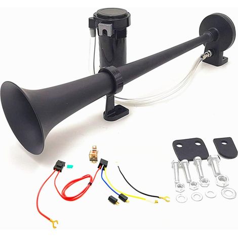 Klaxon de voiture air horn 150dB haut-parleur 450mm Corne de l'air chrome zinc noir simple trompette avec compresseur pompe à air pour tout véhicule 12 V camion bateau SUV moto etc (1/5)
