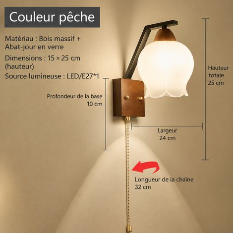 Applique Murale LED 20W Modèle Pistil Couleur Noyer avec Interrupteur à Tirette Lumière Chaude Lampe de Chevet et Couloir 1 kg – Livraison gratuite