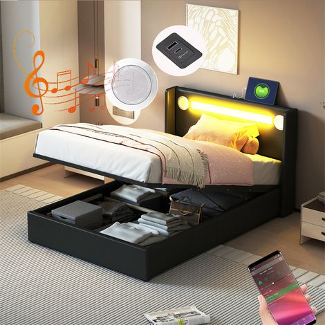 Fortuna Lai – Lit coffre 90x200cm – Lit simple avec sommier à lattes – Tête de lit LED Bluetooth et 2 ports USB – Cuir PU noir, rangement hydraulique (1/5)