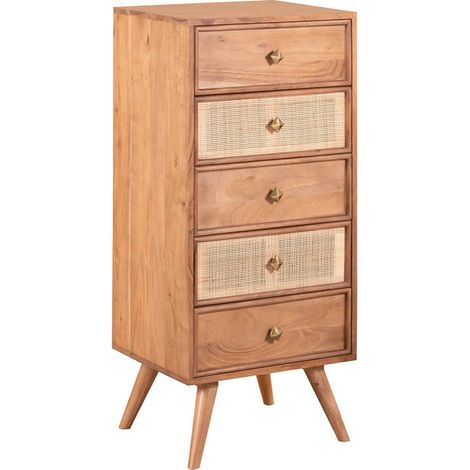KESIAH - Chiffonnier 5 tiroirs en acacia finition teinté teck avec plaquage cannage (1/4)