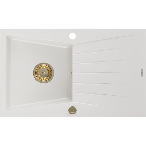 Mexen Cesar Granitspüle mit einem Becken und einer Abtropffläche 775 x 470 mm, Weiß, Siphon Gold - 6